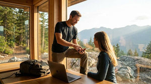 Couple working together at a laptop in a mountain setting