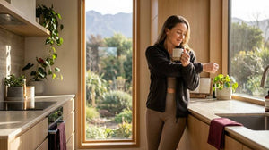 Woman checking her watch while enjoying a drink at home