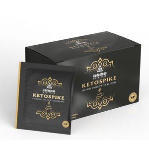Ketospike Instant Coffee with BHB ketones, black and gold box and sachet