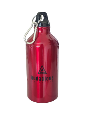 Red water bottle with black cap and 'Audacious' logo on a white background