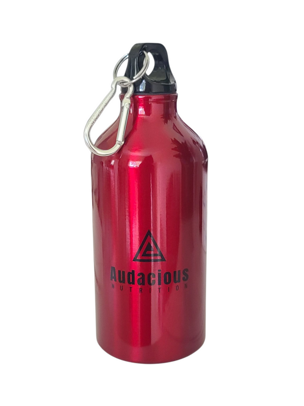 Red water bottle with black cap and 'Audacious' logo on a white background